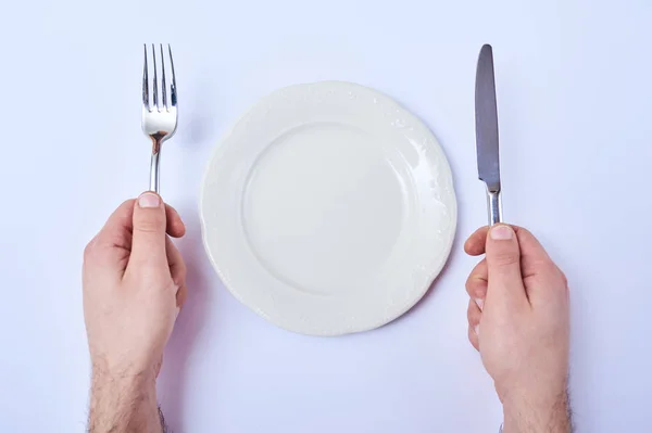 Top View Male Hands Cutlery Empty Plate Table — Stock Photo, Image