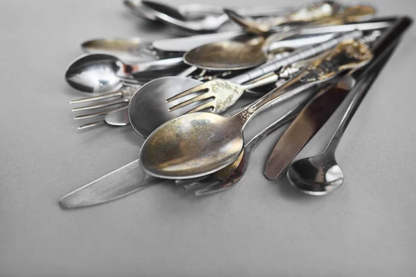 Closeup Cutlery Set Bright Colored Background Place Text — Stock Photo, Image