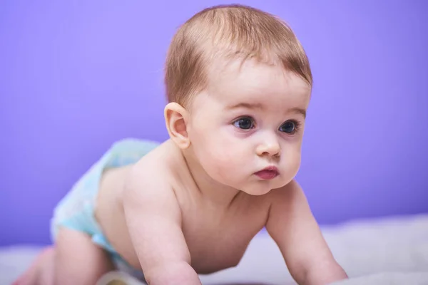 Portrait Cute Crawling Baby Purple Background — Stock Photo, Image