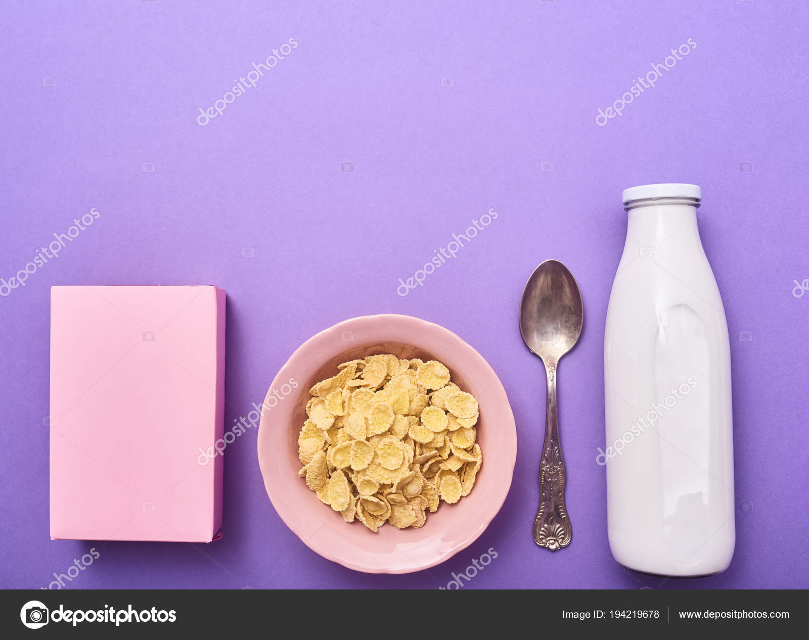 Cereals Pink Bowl Spoon Bottle Milk Pink Box Purple Background