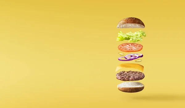 Floating Tasty Burger Yellow Background Place Text — Stock Photo, Image