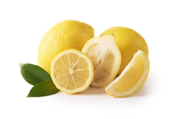 Fresh Yellow Lemons Green Leaves Isolated White Background — Stock Photo, Image