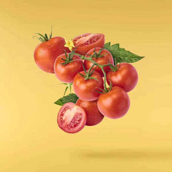 Tomat merah segar yang matang terbang di udara terisolasi pada bac kuning — Stok Foto