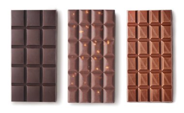 Different types of chocolate isolated on white background. Design mockup with space for text. High resolution image