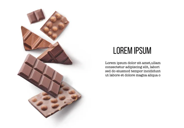 Different Types Chocolate Pieces Falling Air Isolated White Background Design — 스톡 사진