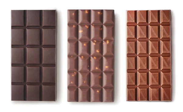 Verschillende Soorten Chocolade Geïsoleerd Witte Achtergrond Ontwerp Mockup Met Ruimte — Stockfoto