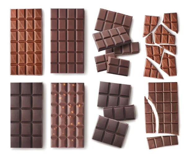 Verschillende Soorten Chocolade Geïsoleerd Witte Achtergrond Ontwerp Mockup Met Ruimte — Stockfoto