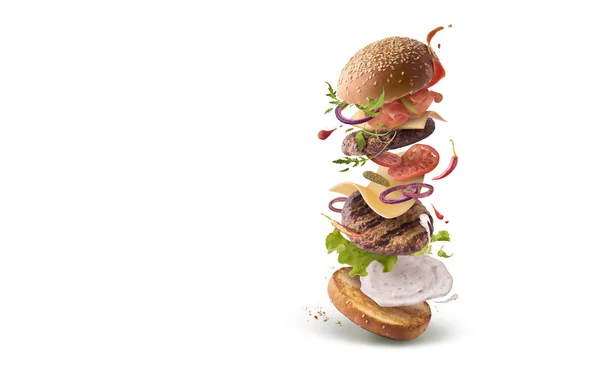 Delicious burger with flying ingredients isolate — ストック写真
