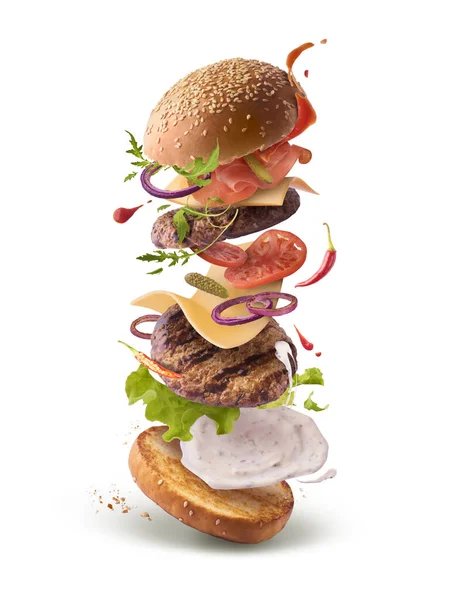 Delizioso hamburger con ingredienti volanti isolati — Foto Stock