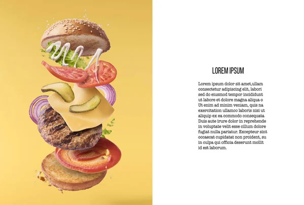 Deliciosa hamburguesa con ingredientes voladores — Foto de Stock