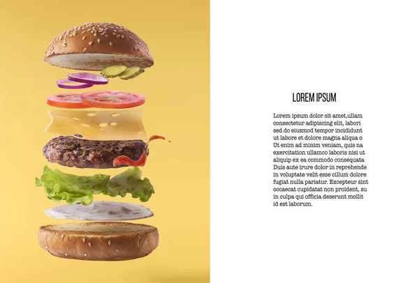 Delizioso hamburger con ingredienti volanti — Foto Stock
