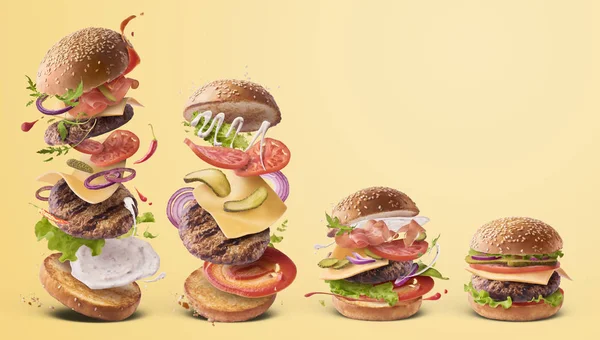 Delicioso hambúrguer com ingredientes voadores isolados em backg branco — Fotografia de Stock