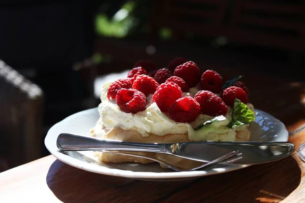 Pedazo de pastel de merengue con frambuesas — Foto de Stock