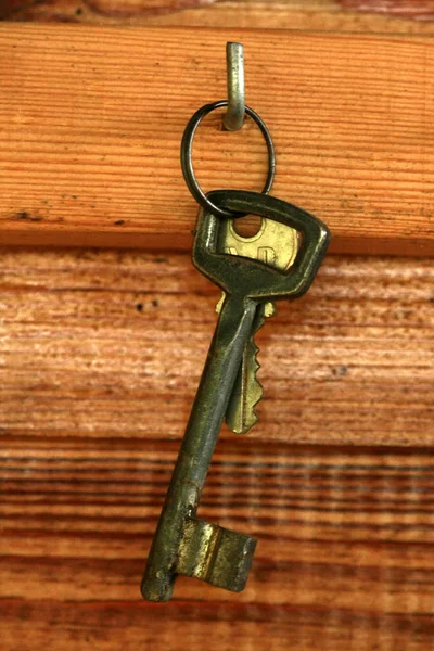 Door keys hanging on the wooden wall