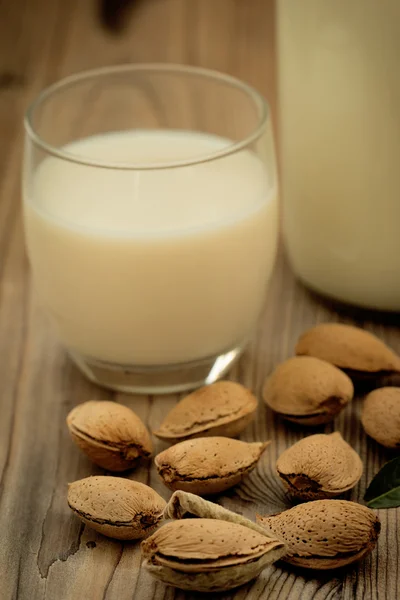 Almond milk with almonds around — Stock Photo, Image