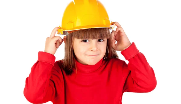Menina engraçada com capacete amarelo — Fotografia de Stock