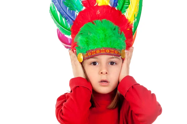 Surprised girl with indian feathers — Stock Photo, Image