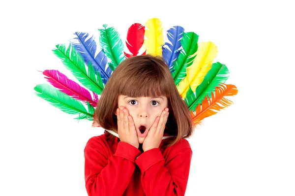 Funny girl with indian feathers — Stock Photo, Image