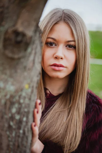 Блондинка рядом с стволом дерева — стоковое фото