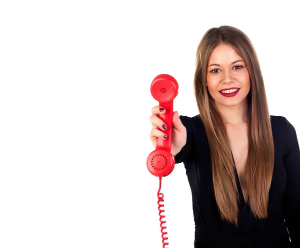 Stijlvolle vrouw met rode telefoon — Stockfoto