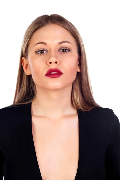 Kırmızı dudaklar ile siyah giysili kız — Stok fotoğraf