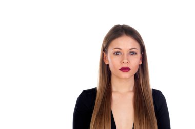 Kırmızı dudaklı güzel bir genç kadın.