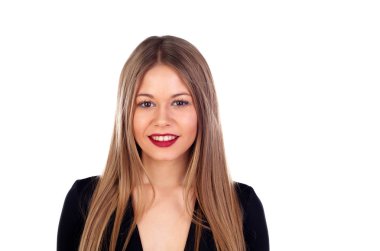 Kırmızı dudaklı güzel bir genç kadın.