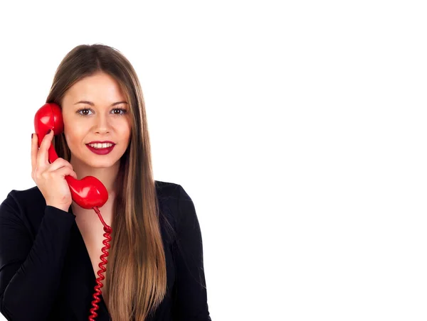 Stilvolle Frau mit rotem Telefon — Stockfoto
