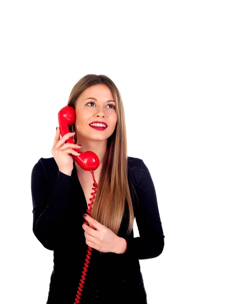 Stilvolle Frau mit rotem Telefon — Stockfoto