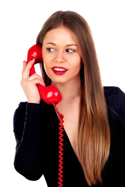 Mulher elegante com telefone vermelho — Fotografia de Stock