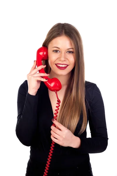 Stilvolle Frau mit rotem Telefon — Stockfoto