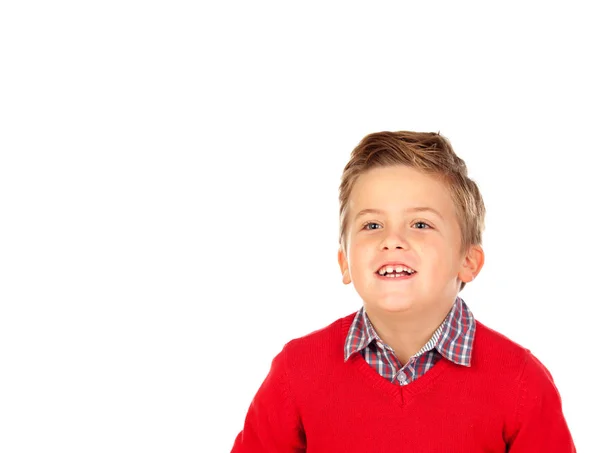 Αστείο, μικρό αγόρι σε κόκκινη φανέλα — Φωτογραφία Αρχείου