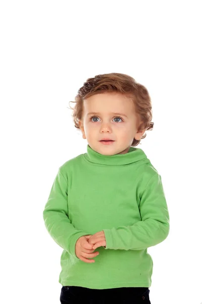 Αξιολάτρευτο μωρό αγόρι στο πράσινο πουκάμισο — Φωτογραφία Αρχείου
