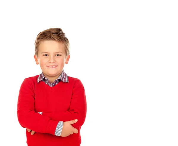 Roliga lilla pojken i röd tröja — Stockfoto