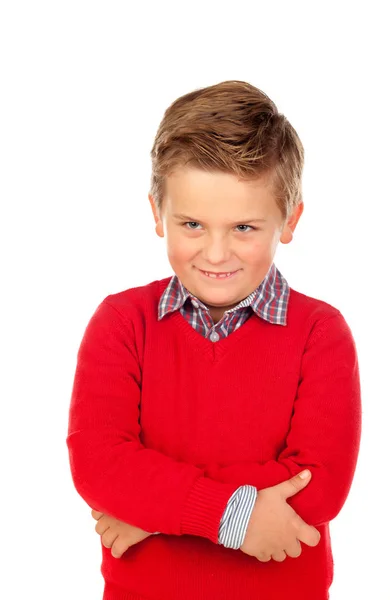 Engraçada menino em vermelho jersey — Fotografia de Stock