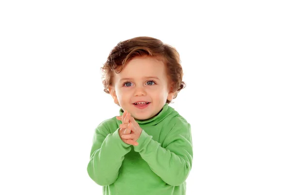 Schattig babyjongen in groene shirt — Stockfoto