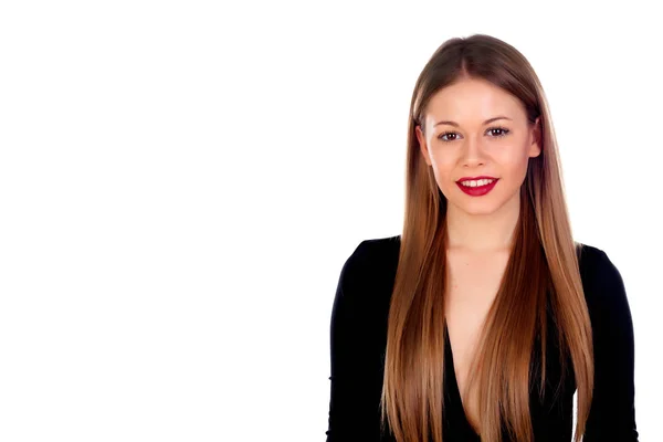 Chica vestida de negro con labios rojos — Foto de Stock