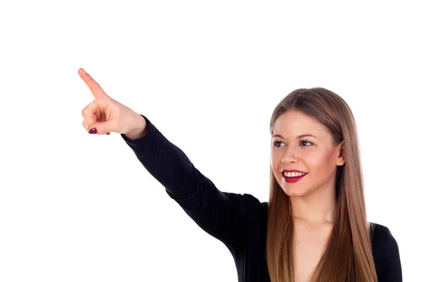 Attractive girl indicating something — Stock Photo, Image