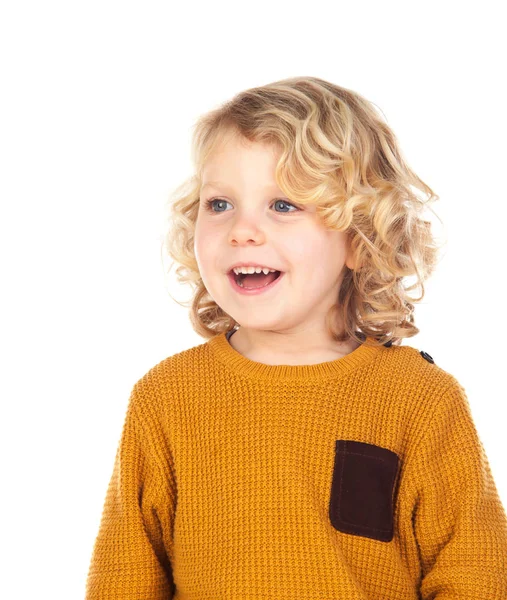 Blond boy med gula ledartröjan — Stockfoto