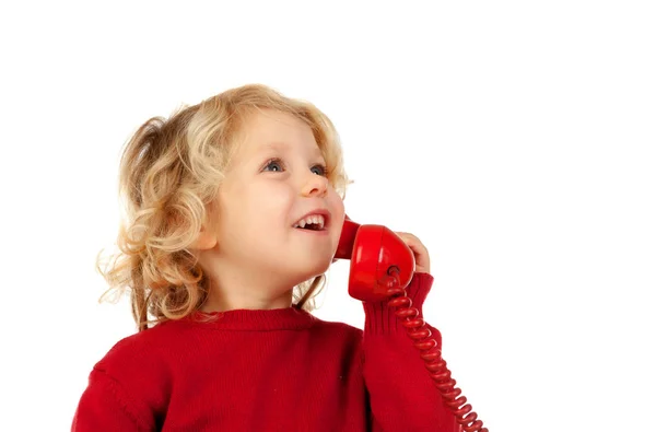 Little kid with vintage phone — Stock Photo, Image