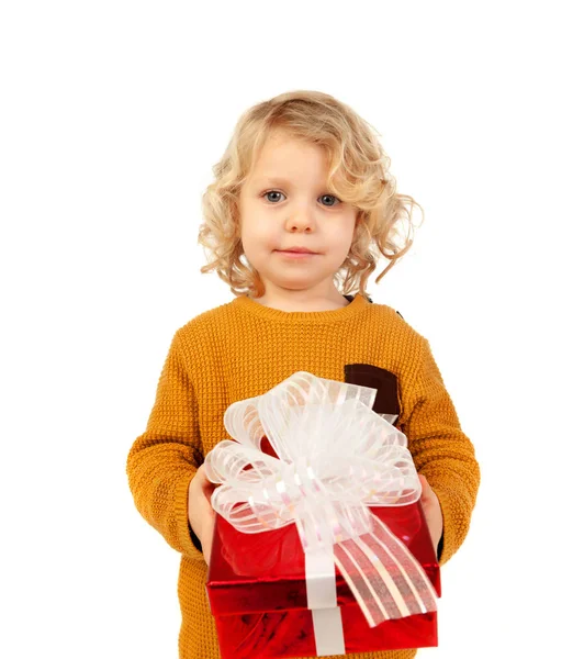 Μικρό παιδί με κόκκινο δώρο πλαίσιο — Φωτογραφία Αρχείου