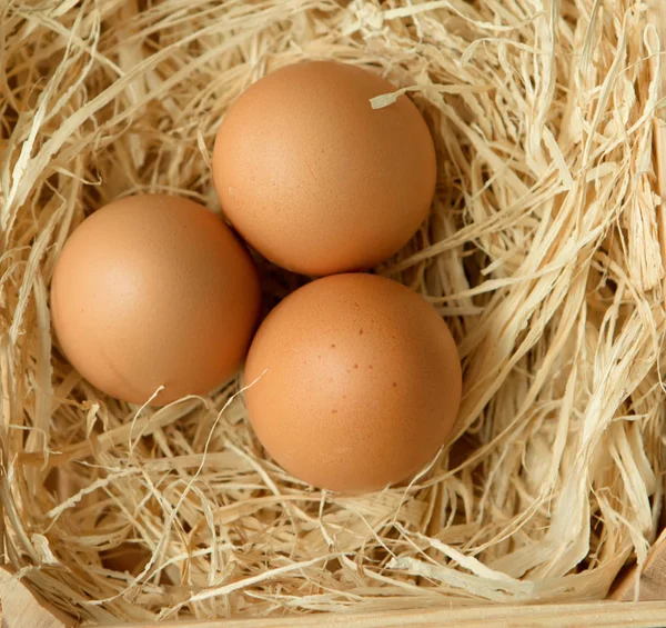 Huevos crudos en caja de madera —  Fotos de Stock