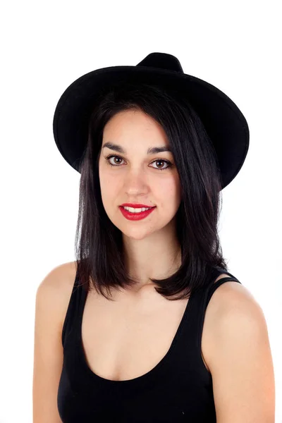 Young woman with black hat — Stock Photo, Image