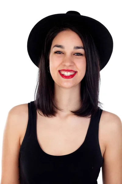 Jeune femme avec chapeau noir — Photo
