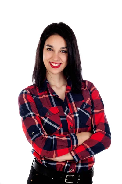 Mujer joven con camisa a cuadros roja —  Fotos de Stock