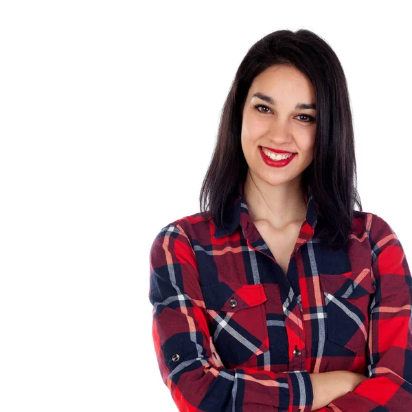 Jonge vrouw met rode geruite shirt — Stockfoto