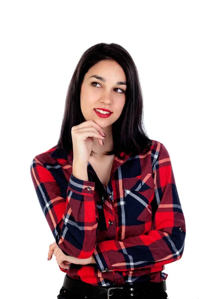 Brunett tjej med röd rutig skjorta — Stockfoto
