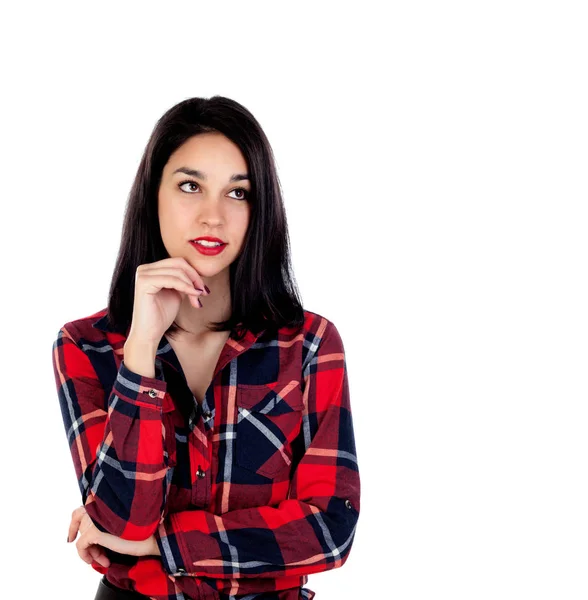 Menina morena com camisa xadrez vermelho — Fotografia de Stock