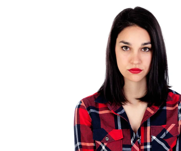 Chica morena con camisa a cuadros rojo —  Fotos de Stock