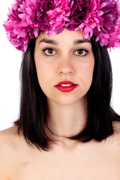 Lány, lila virágok koszorút — Stock Fotó